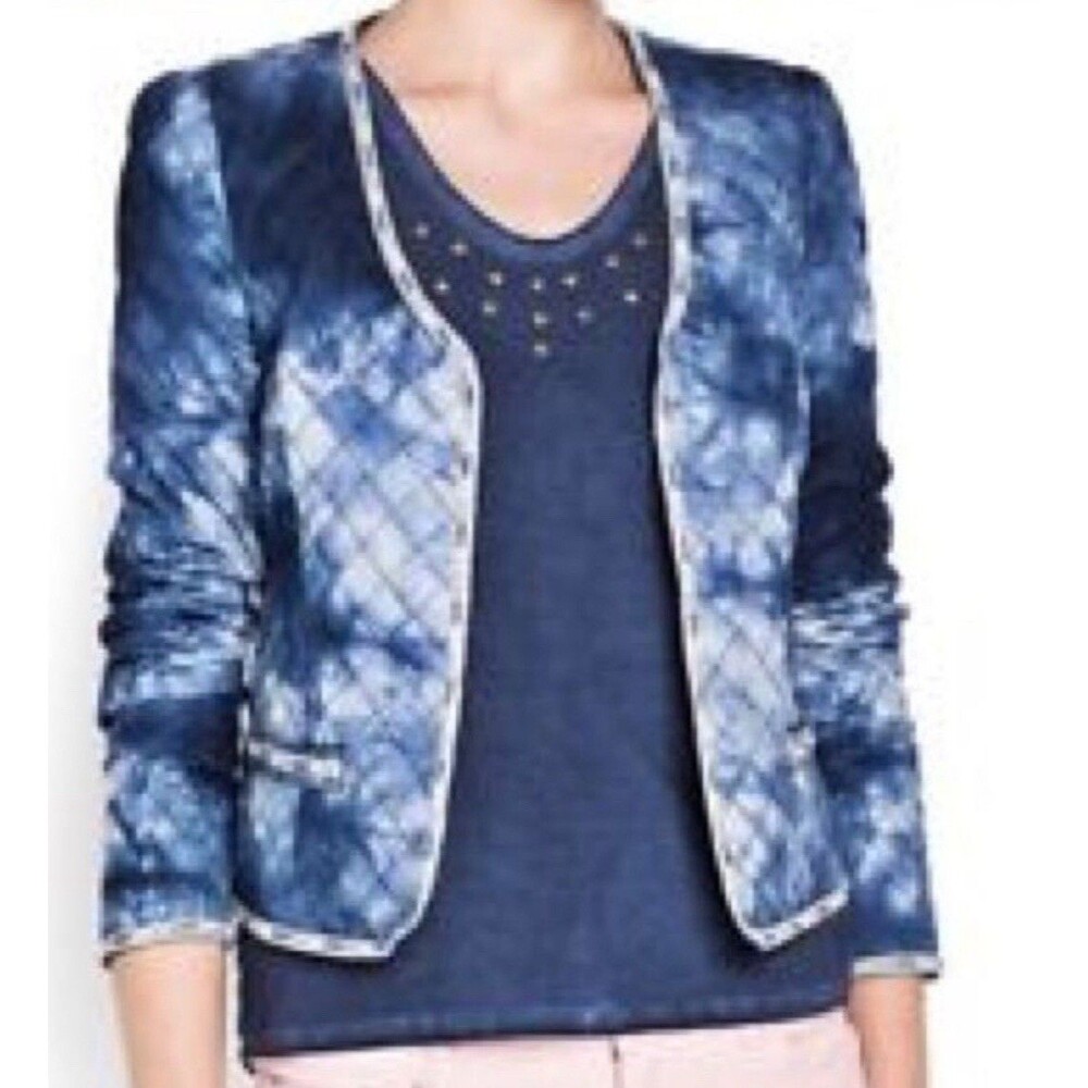 Mango MNG Casual Quilted Jacket Beaded Tie Dye Womens XS Blue Open Front Cropped